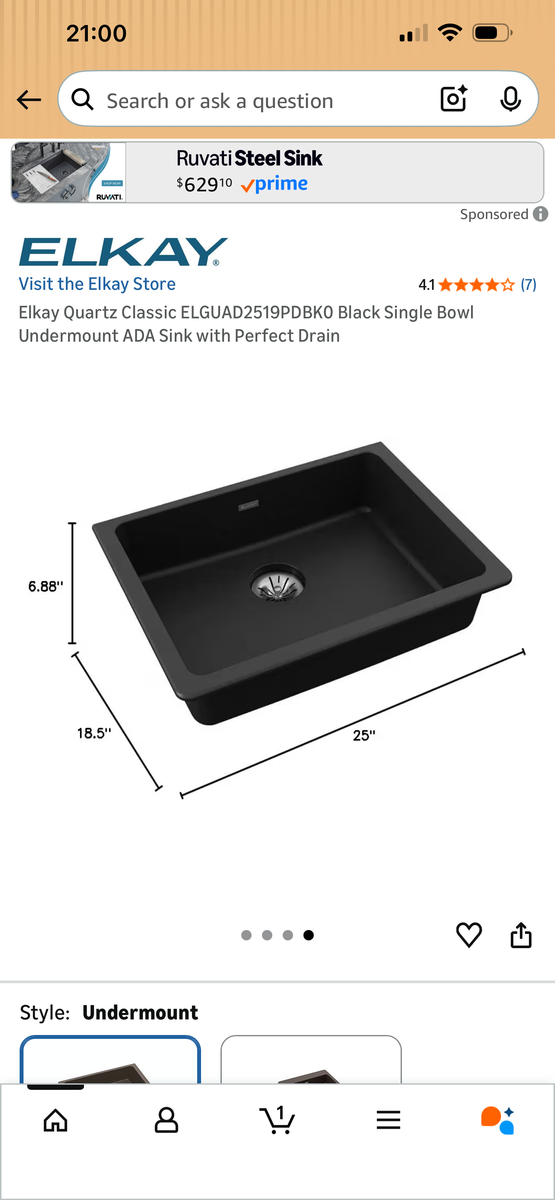 Elkay Quartz Classic ELGUAD2519PDBK0 Black Single Bowl Undermount ADA Sink with Perfect Drain