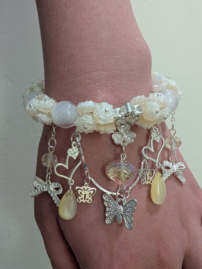 Handcrafted White Floral & Butterfly Charm Bracelet - Elegant & Unique