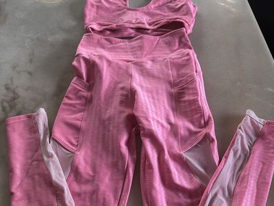 Pink Pin-Stripe Pink Athletic 2-Piece Set: Halter Sports Bra & Leggings with Mesh Panels, Size S