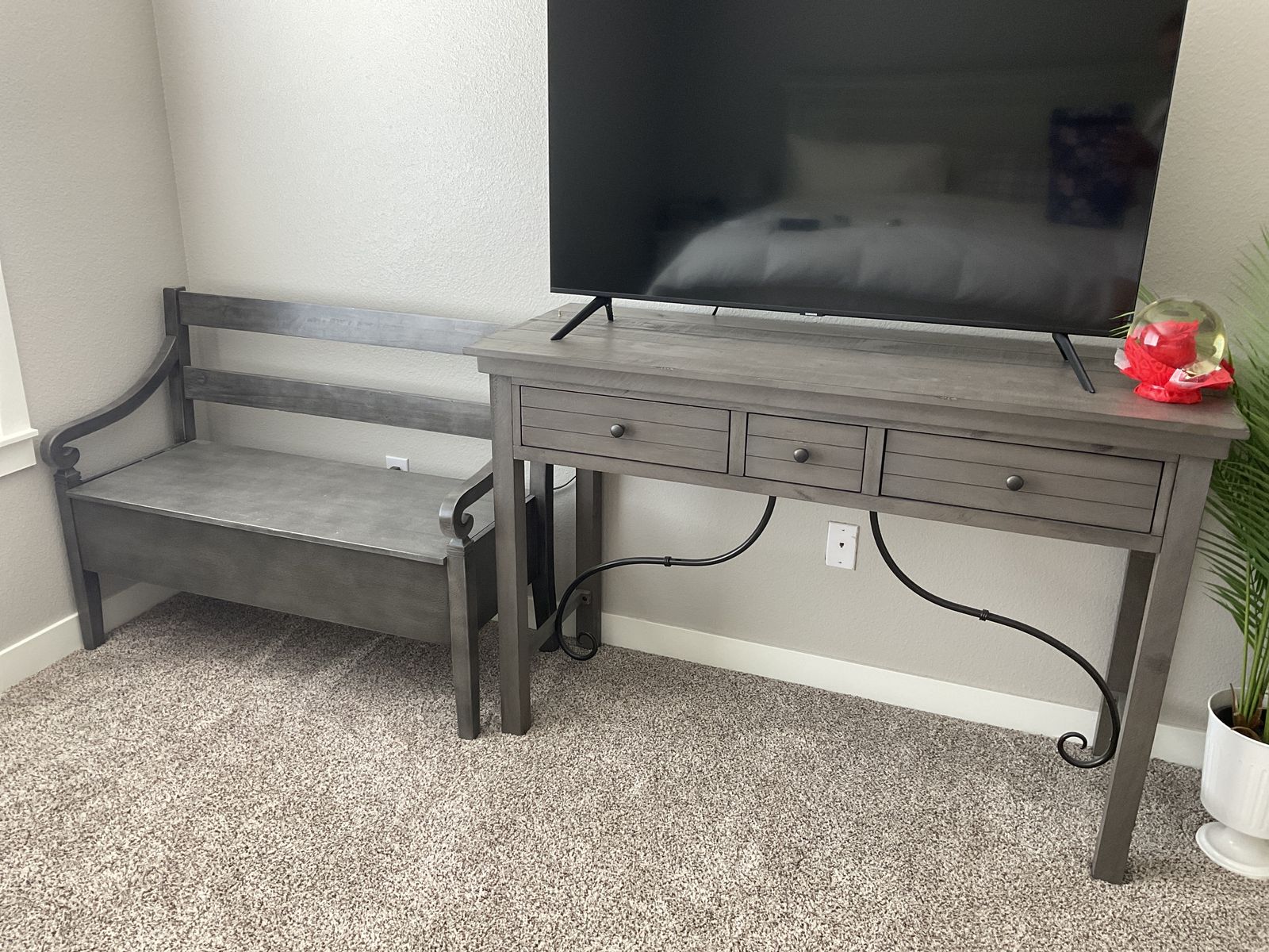 Gray Wood Console Table with 3 Drawers & Matching Storage Bench - Entryway/Living Room Furniture Set