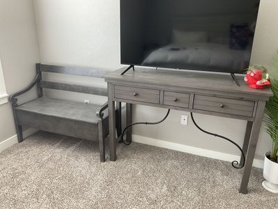 Gray Wood Console Table with 3 Drawers & Matching Storage Bench - Entryway/Living Room Furniture Set