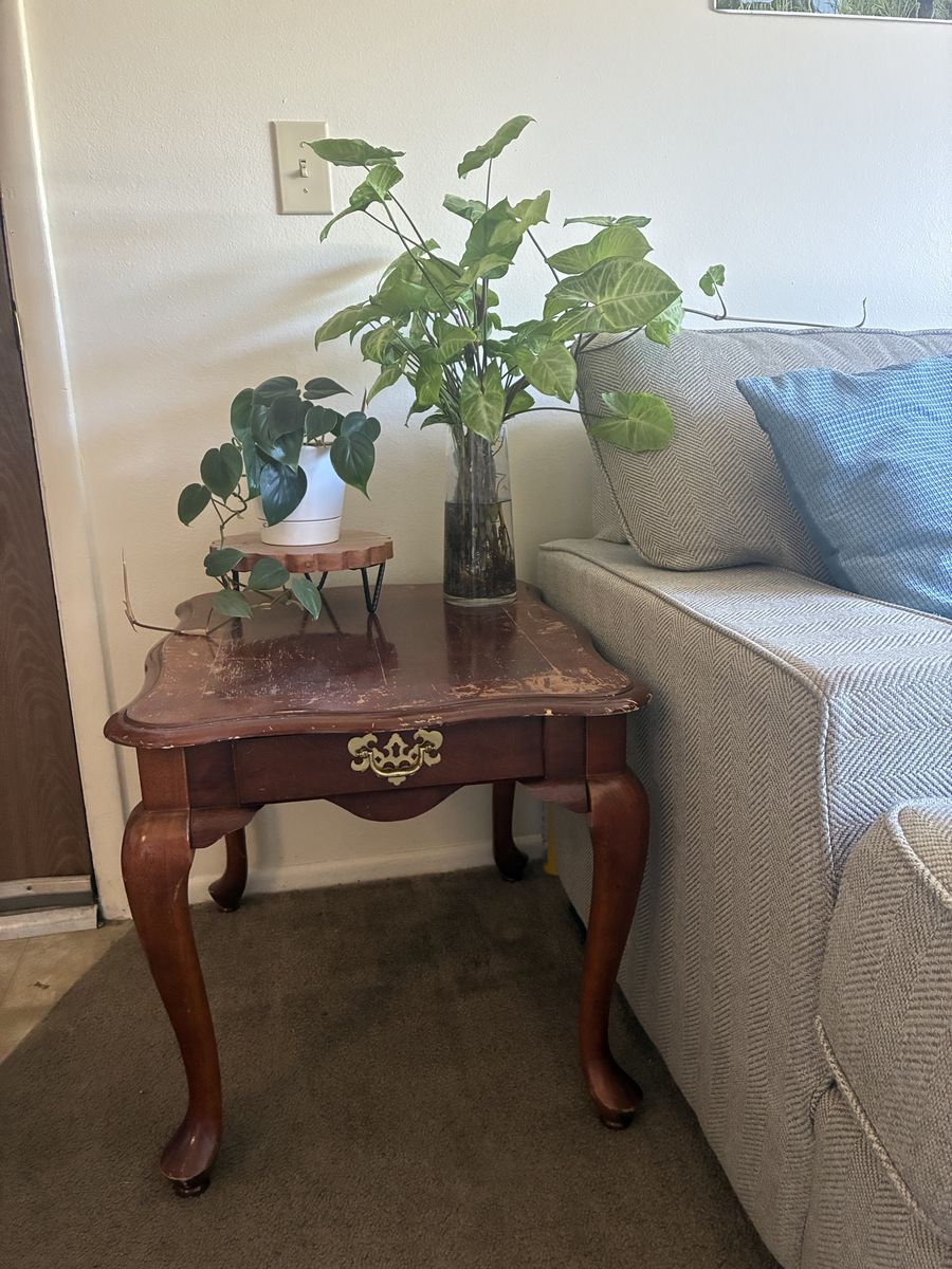 Vintage Wooden End Table - Single Drawer, Scalloped Edges, Cabriole Legs