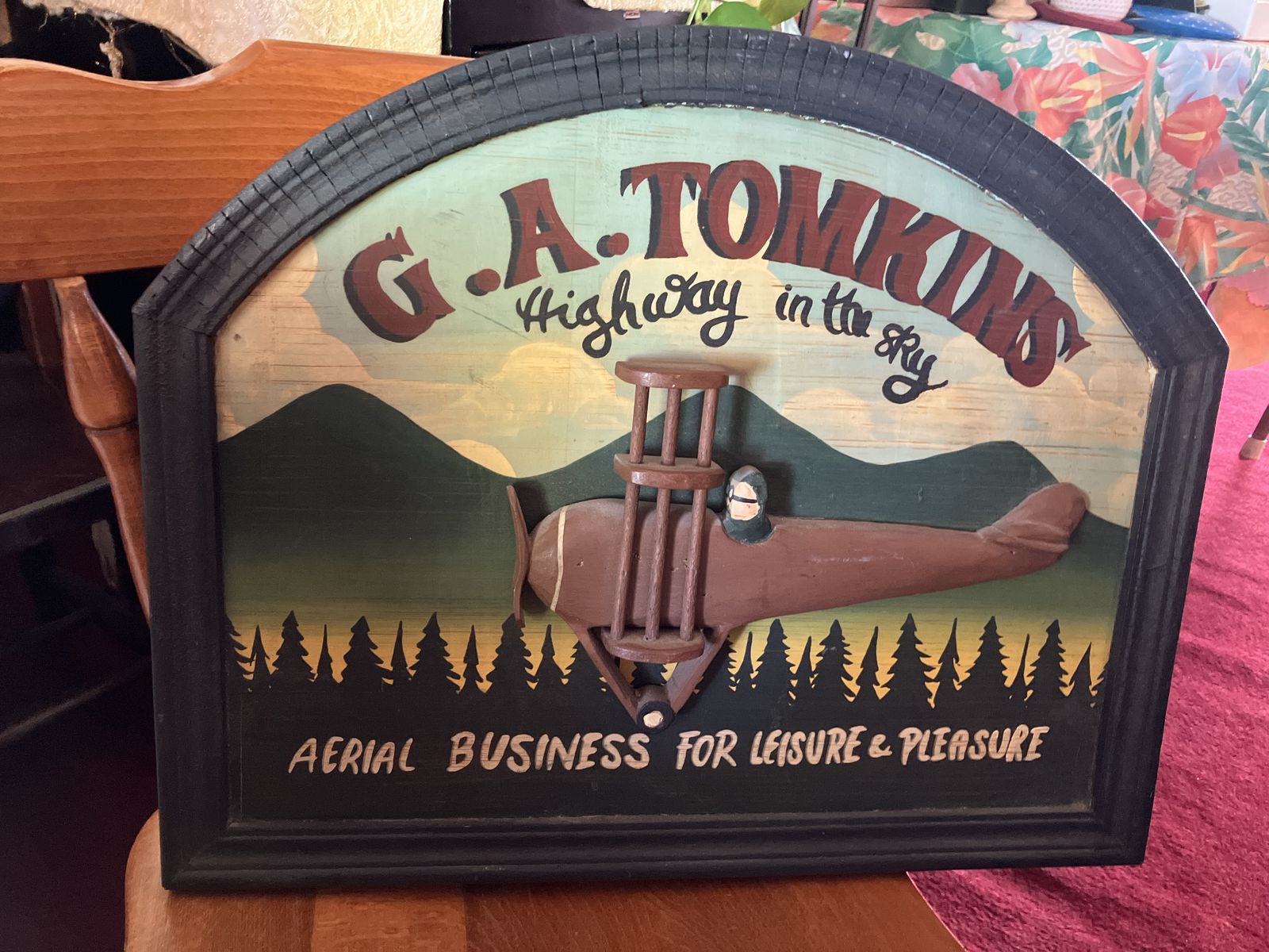 Vintage Aviation G. A. Tompkins "Highway in the Sky" Hand-Made Wooden Biplane Sign, Aerial Business Decor