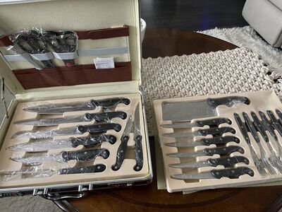 NEW Knife Set with Place Setting for 6 - Two Food Scissors, Knife Sharpener, Hard Case