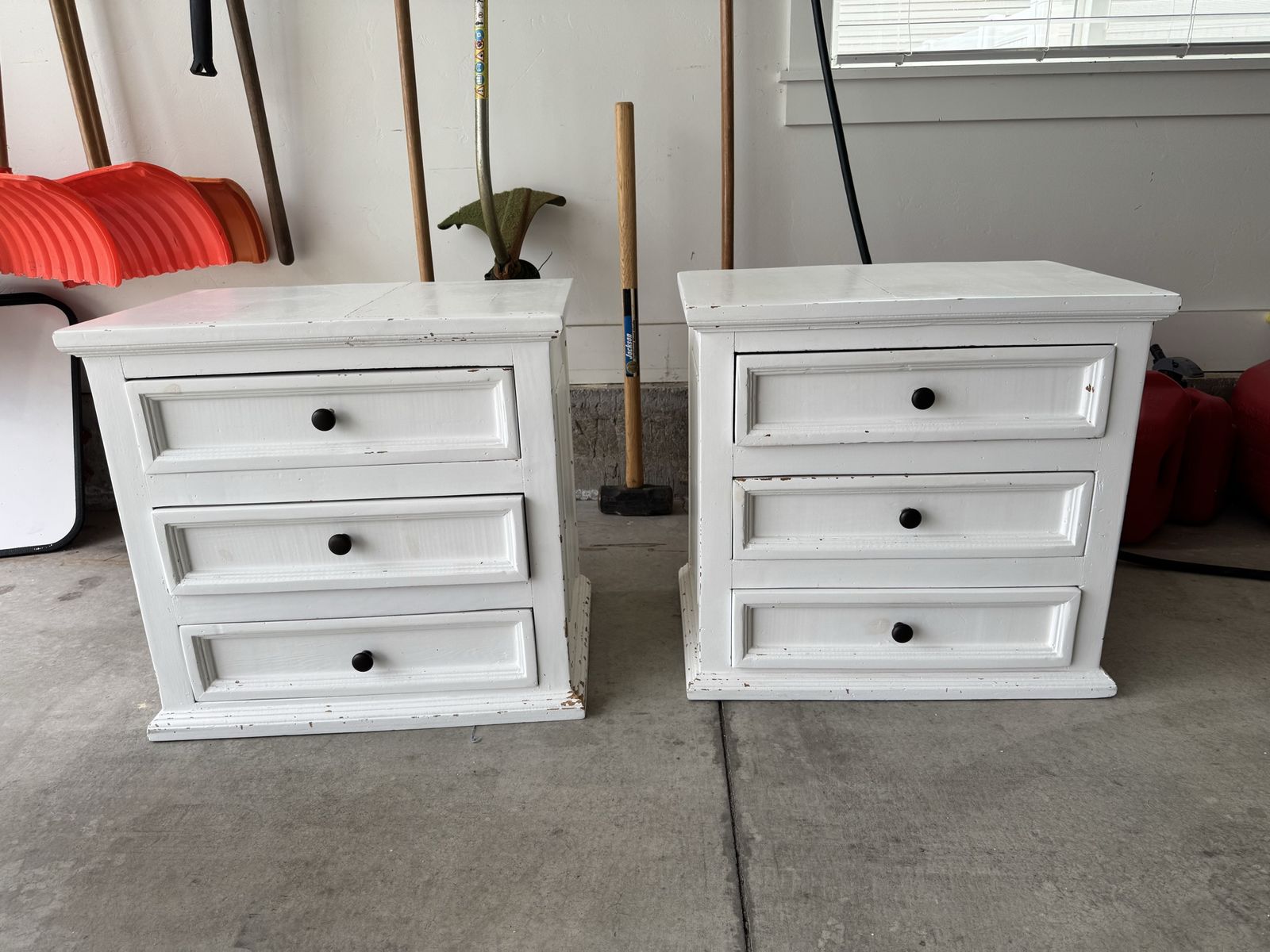 White Wood 3-Drawer Nightstands (Pair) - Distressed Finish, Black Knobs