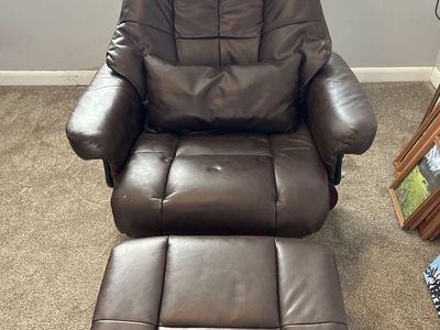 Brown Faux Leather Recliner and Ottoman Set - Comfortable Swivel Chair for Living Room