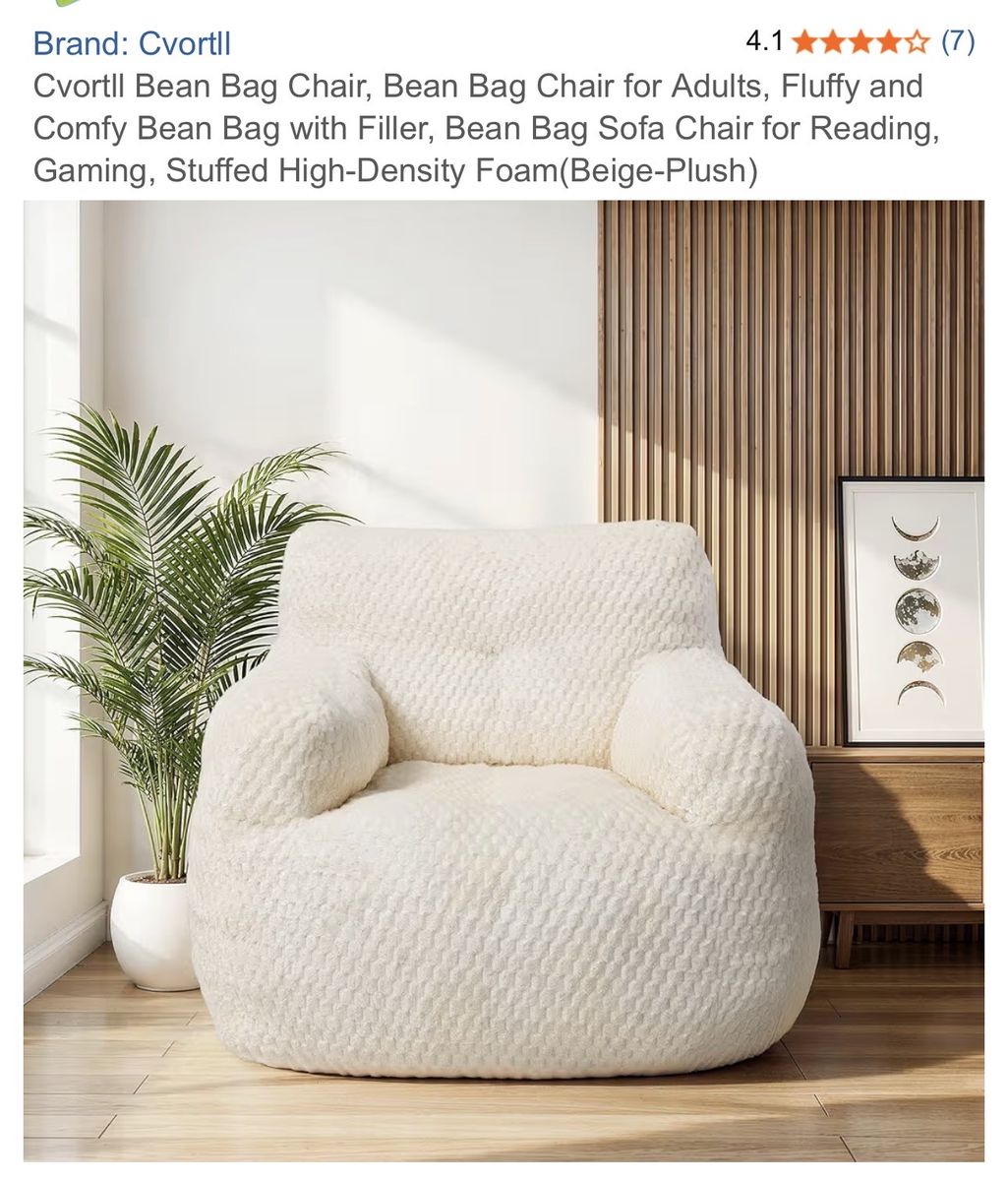 High density foam stuffed beanbag chair for adults in beige plush