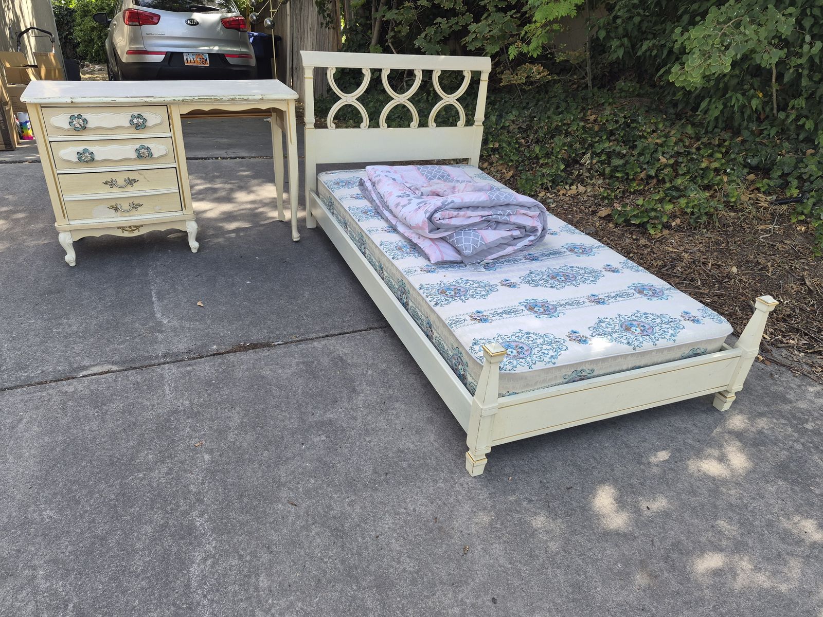 Beige twin bed frame and writing desk