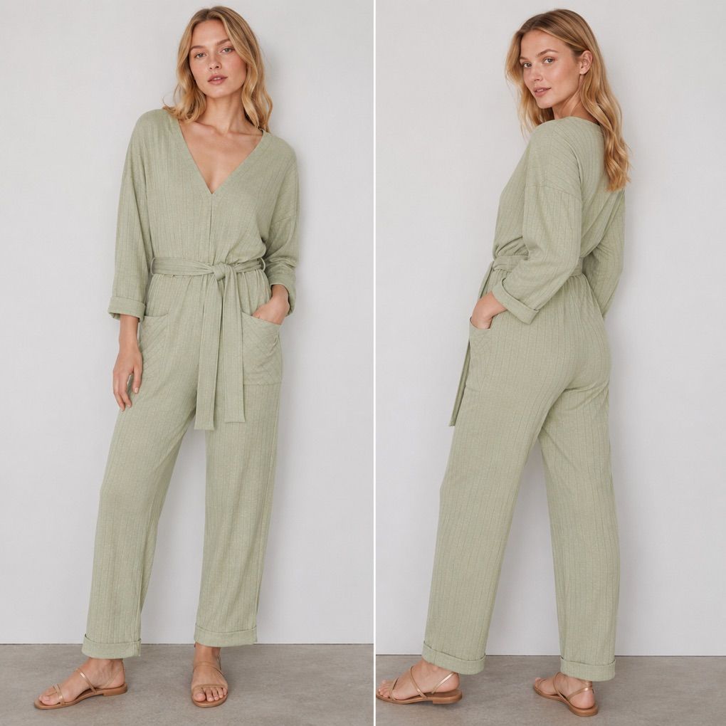 Zara Sage Green Striped Knit Jumpsuit - Size Small