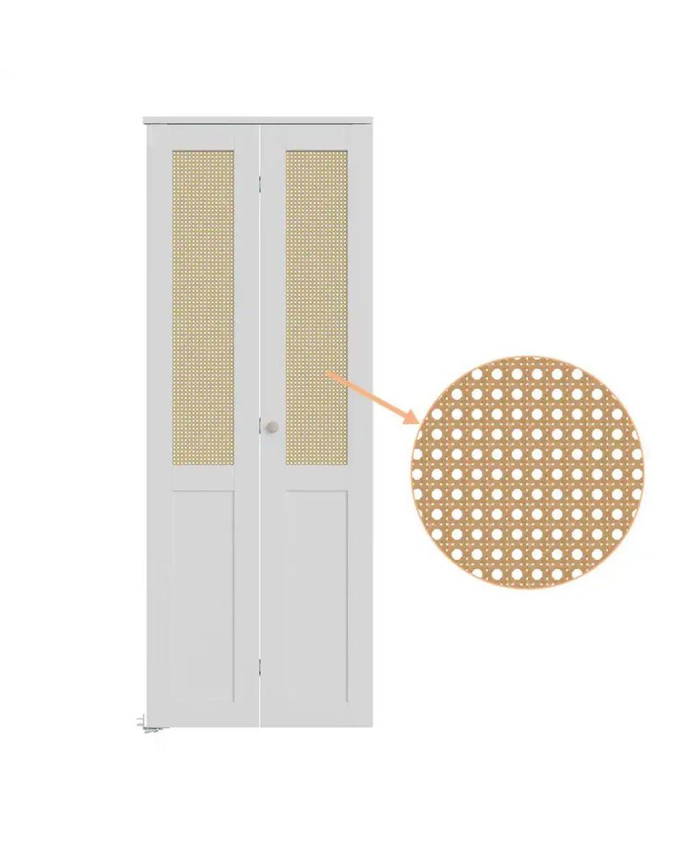 White Rattan Accent Storage Cabinet - Bohemian Style, Woven Cane Doors