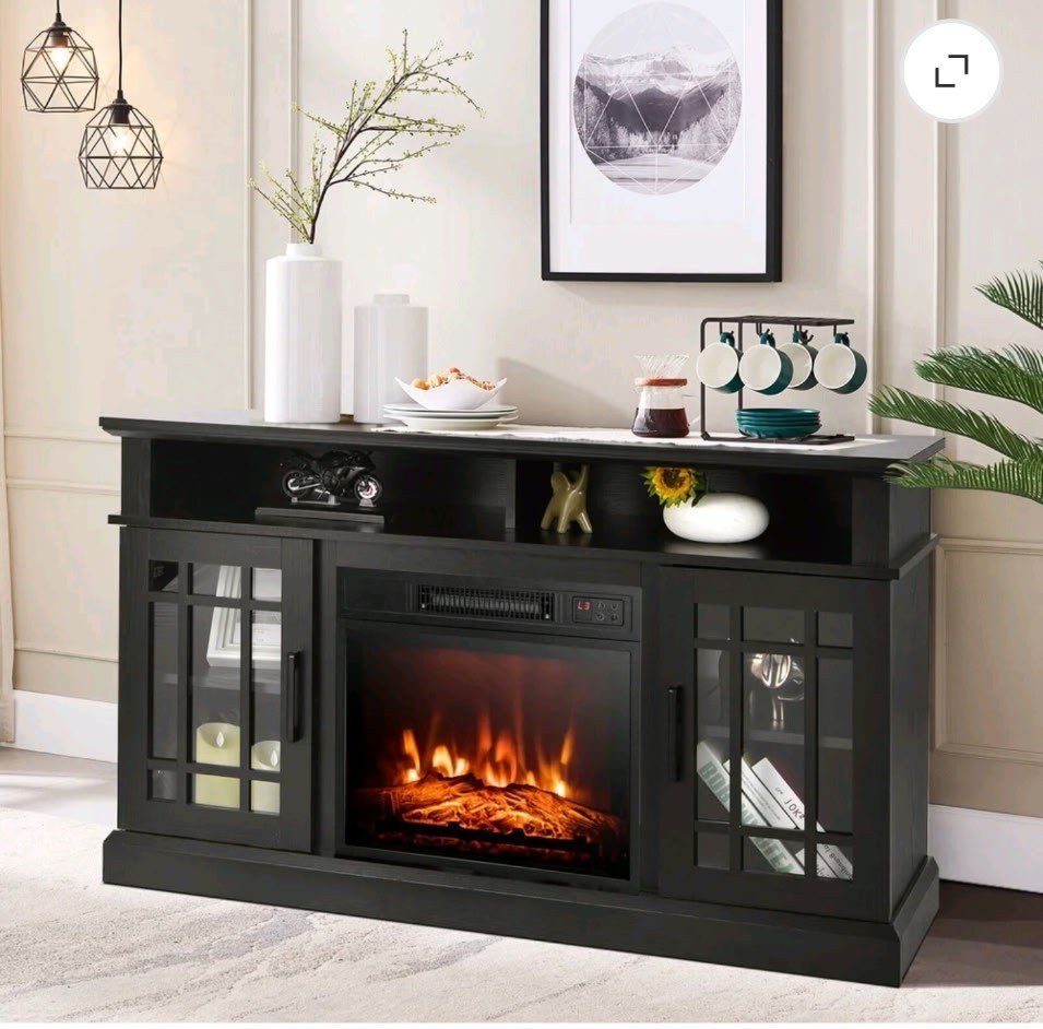 Black Electric Fireplace TV Stand Media Console with Heater