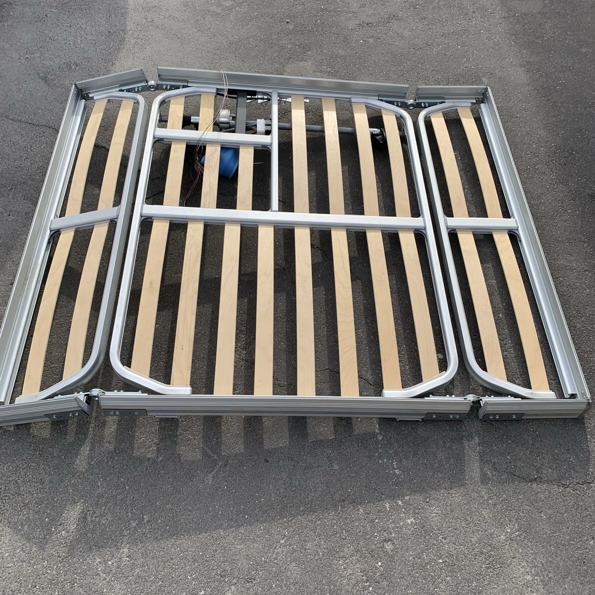 Motorized RV Lift Bed Frame Base with Wooden Slats and Mounting Hardware