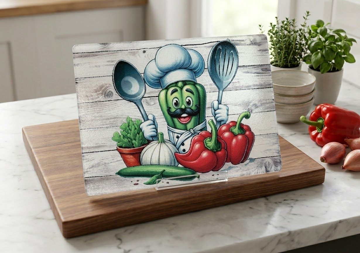 New- Glass Cutting Board with Chef Pepper Vegetable Illustration