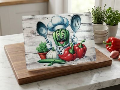 New- Glass Cutting Board with Chef Pepper Vegetable Illustration