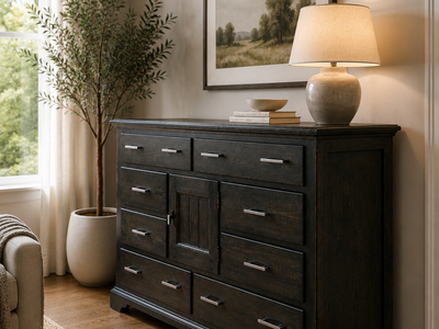 Modern Rustic 8 Drawer Dresser w/ Blanket Cabinet – Dark Wood Statement Piece