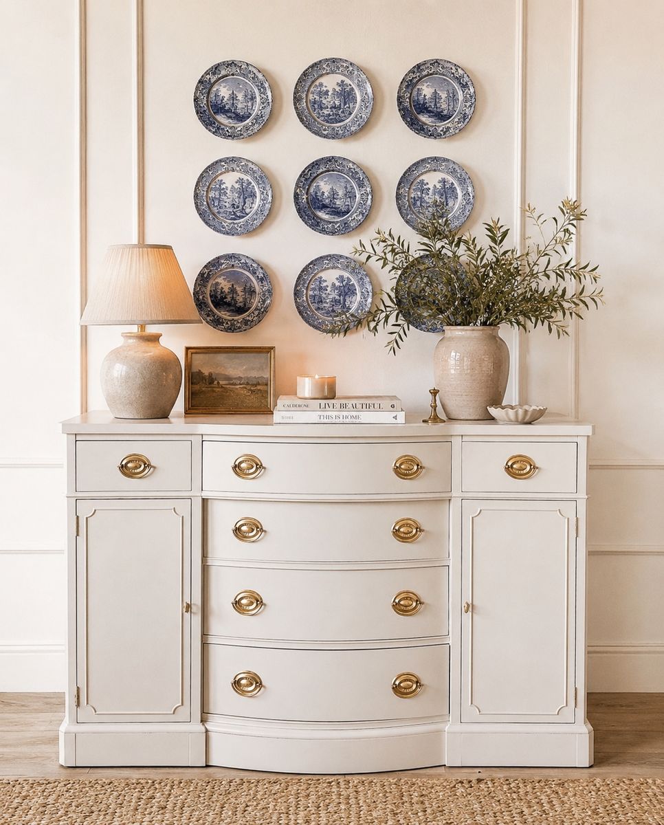 Elegant vintage cream solid mahogany Drexel bow front buffet dresser entry table sideboard