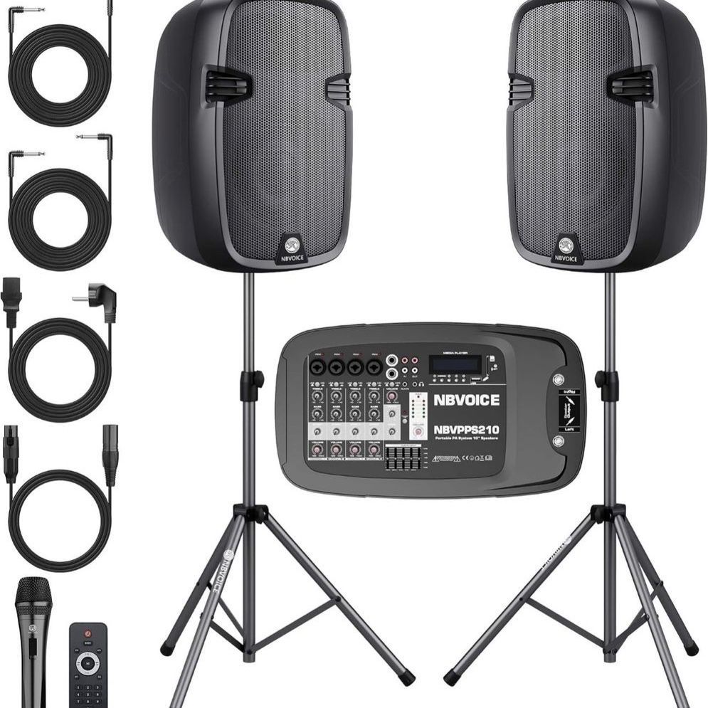 10” 600W PA System with Mixer DJ Bundle, Portable Speakers 2-Way Wireless Bluetooth Sound System