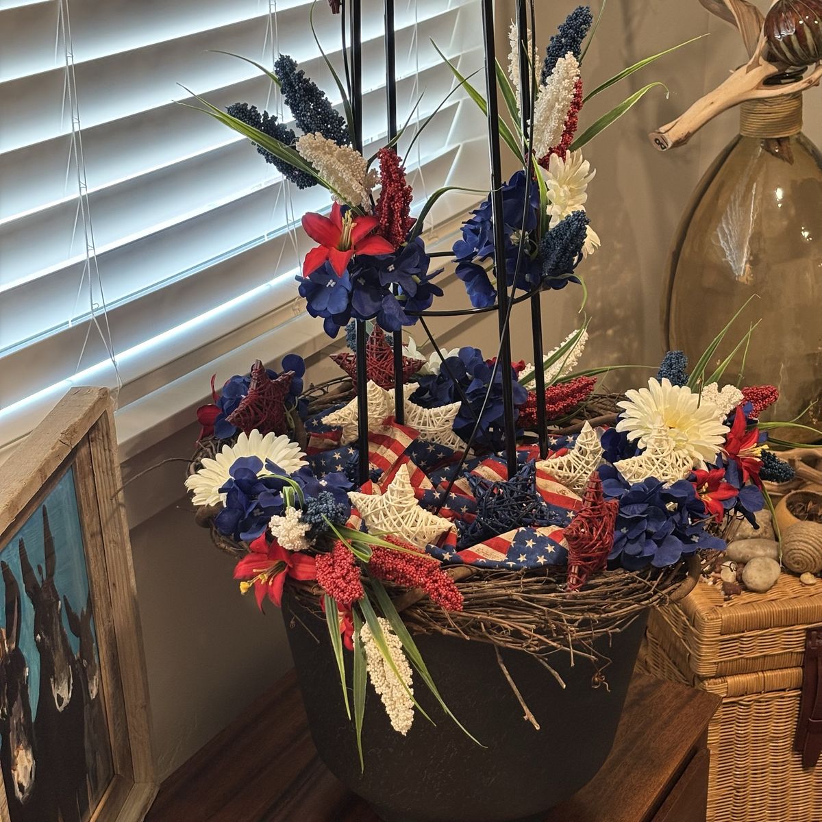 Patriotic Floral Obelisk Planter Arrangement - Red White & Blue Centerpiece