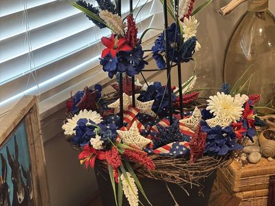 Patriotic Floral Obelisk Planter Arrangement - Red White & Blue Centerpiece