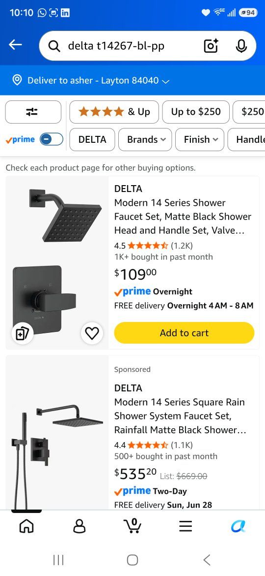 Delta T14267-BL-PP Modern 14 Series Matte Black Shower Faucet Set with Head and Handle
