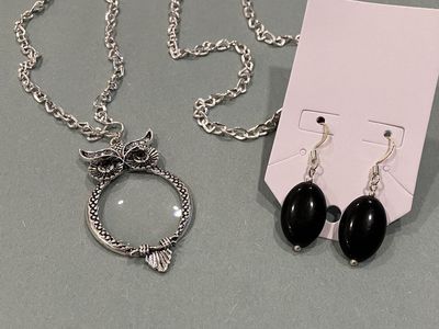 Black And Silver Owl Pendant Necklace And Dangle Earrings