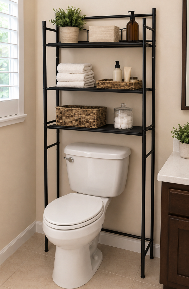 Over-the-Toilet Storage Rack Shelf Organizer – Black Metal Bathroom Space Saver (64.5" Tall)