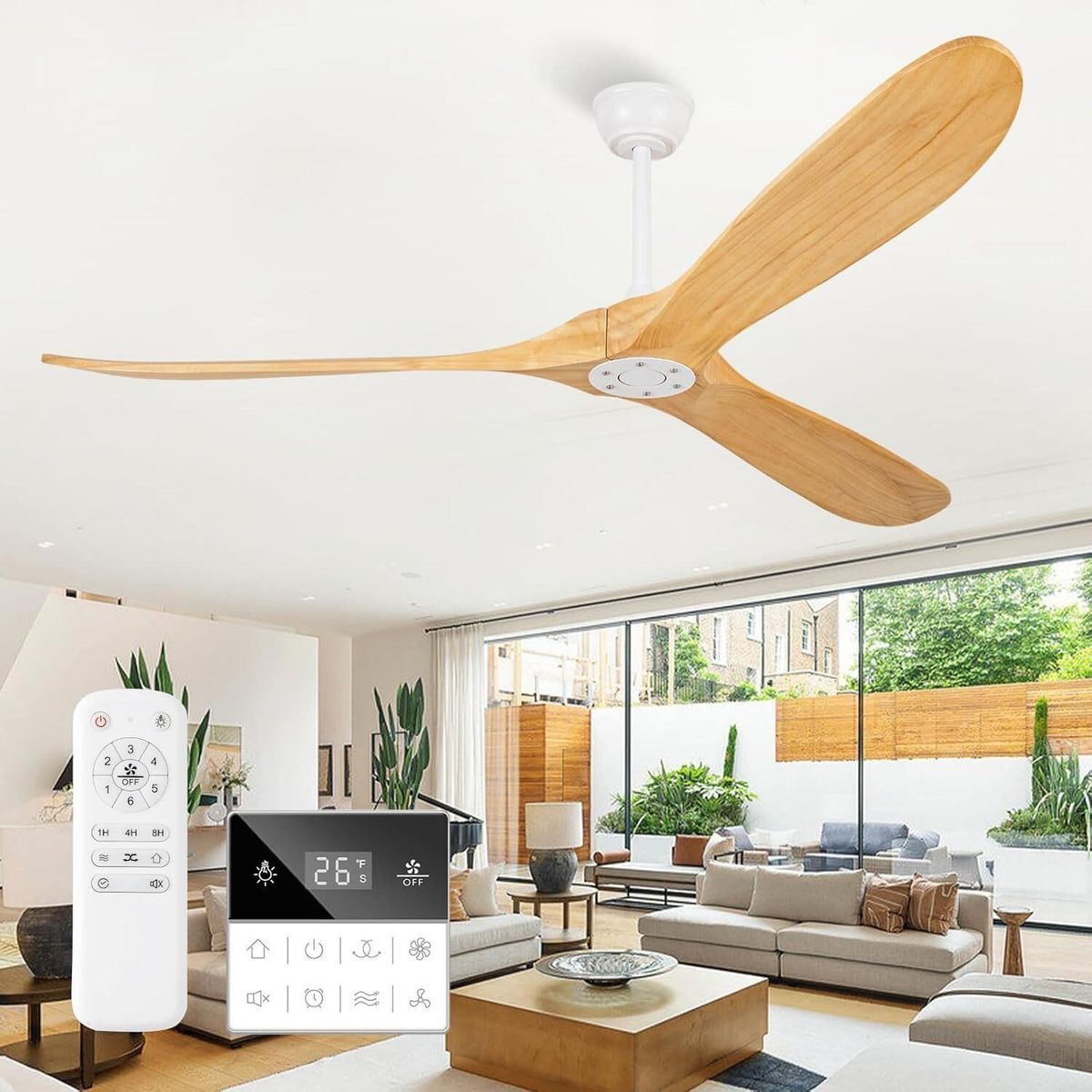 72 Inch Natural Wood Large Outdoor Ceiling Fans, Propeller Outdoor Ceiling Fans, Wall Switch and Remote Control