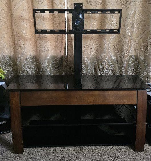 Modern Black Glass TV Stand with Mount & Storage Drawer (Fits up to 55" TVs)