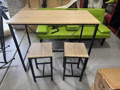Compact Wood Grain & Black Metal Dining Table Set with 2 Stools