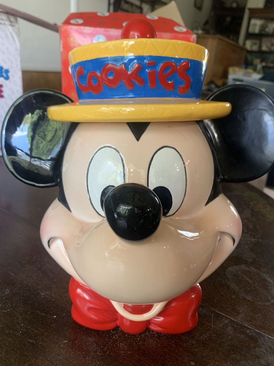 Vintage Enesco Disney Mickey Mouse Straw Hat Ceramic Cookie Jar - Repaired Lid