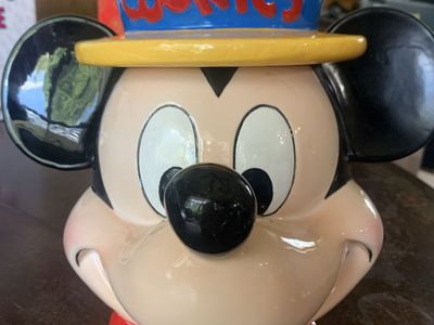 Vintage Enesco Disney Mickey Mouse Straw Hat Ceramic Cookie Jar - Repaired Lid