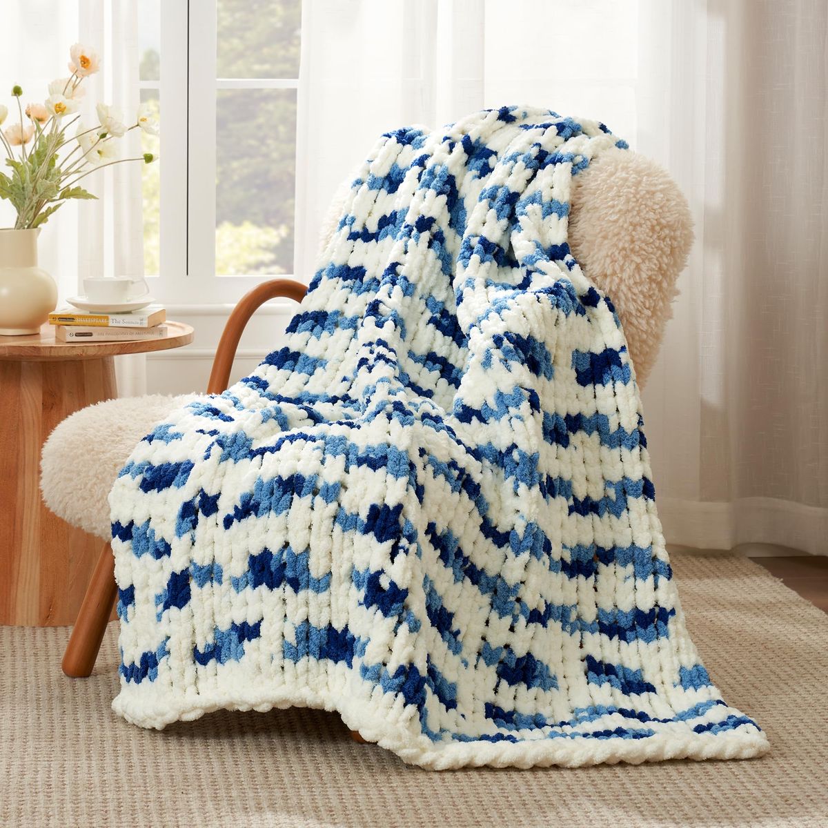 New! Amélie Home Chunky Knit Throw Blanket for Couch, Soft Chenille Crochet Blanket for Sofa, 50"x60", Space-Dyed Blue Striped