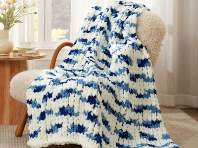 New! Amélie Home Chunky Knit Throw Blanket for Couch, Soft Chenille Crochet Blanket for Sofa, 50"x60", Space-Dyed Blue Striped