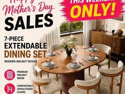 Povison Silva 7-Piece Mid-Century Modern Extendable Dining Table Set (47”–63”)