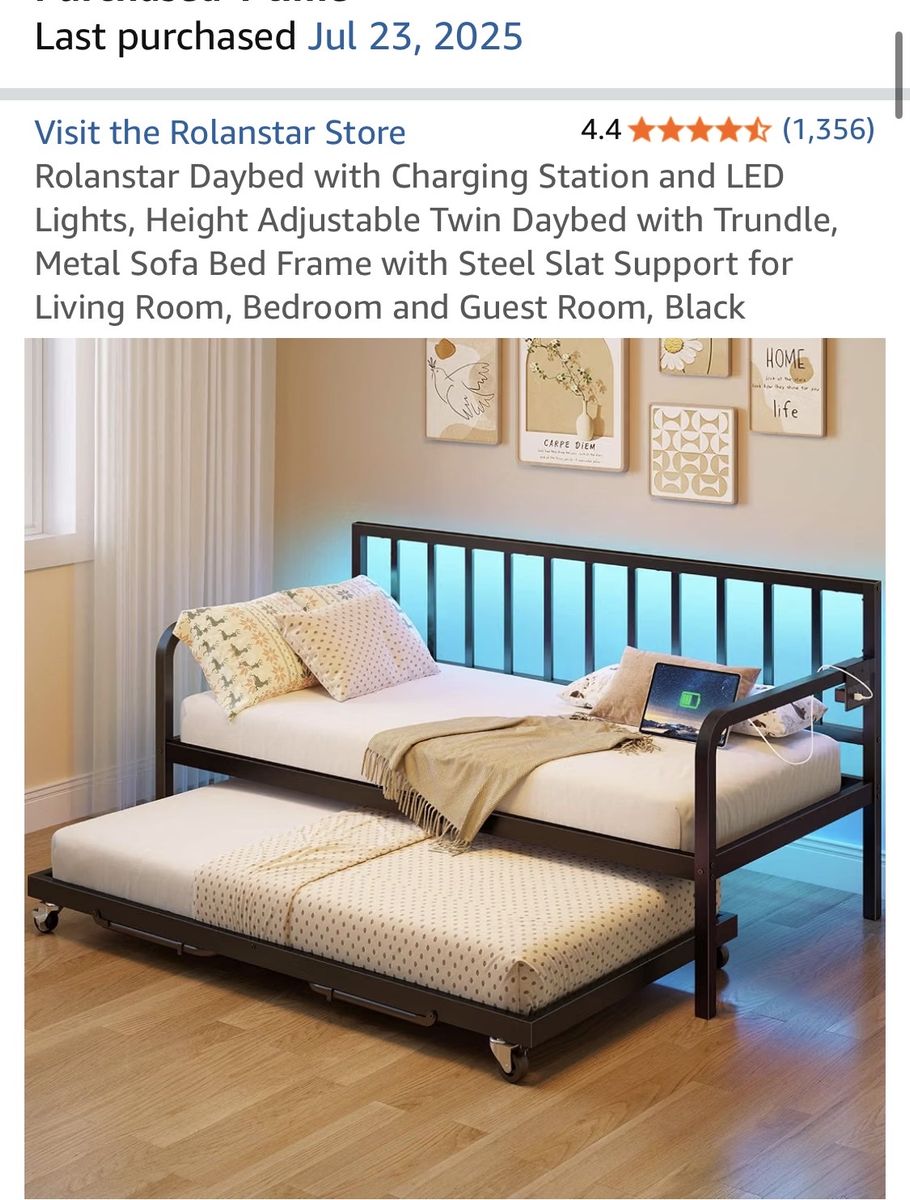Rolanstar Metal Twin Daybed with Trundle, Charging Station, LED Lights & 2 EGOHOME Mattresses
