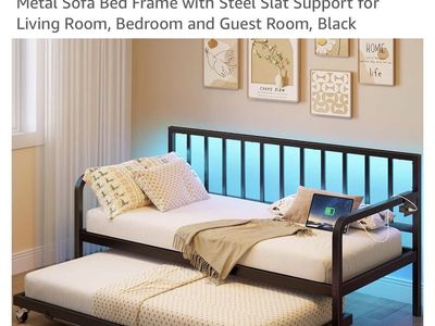 Rolanstar Metal Twin Daybed with Trundle, Charging Station, LED Lights & 2 EGOHOME Mattresses