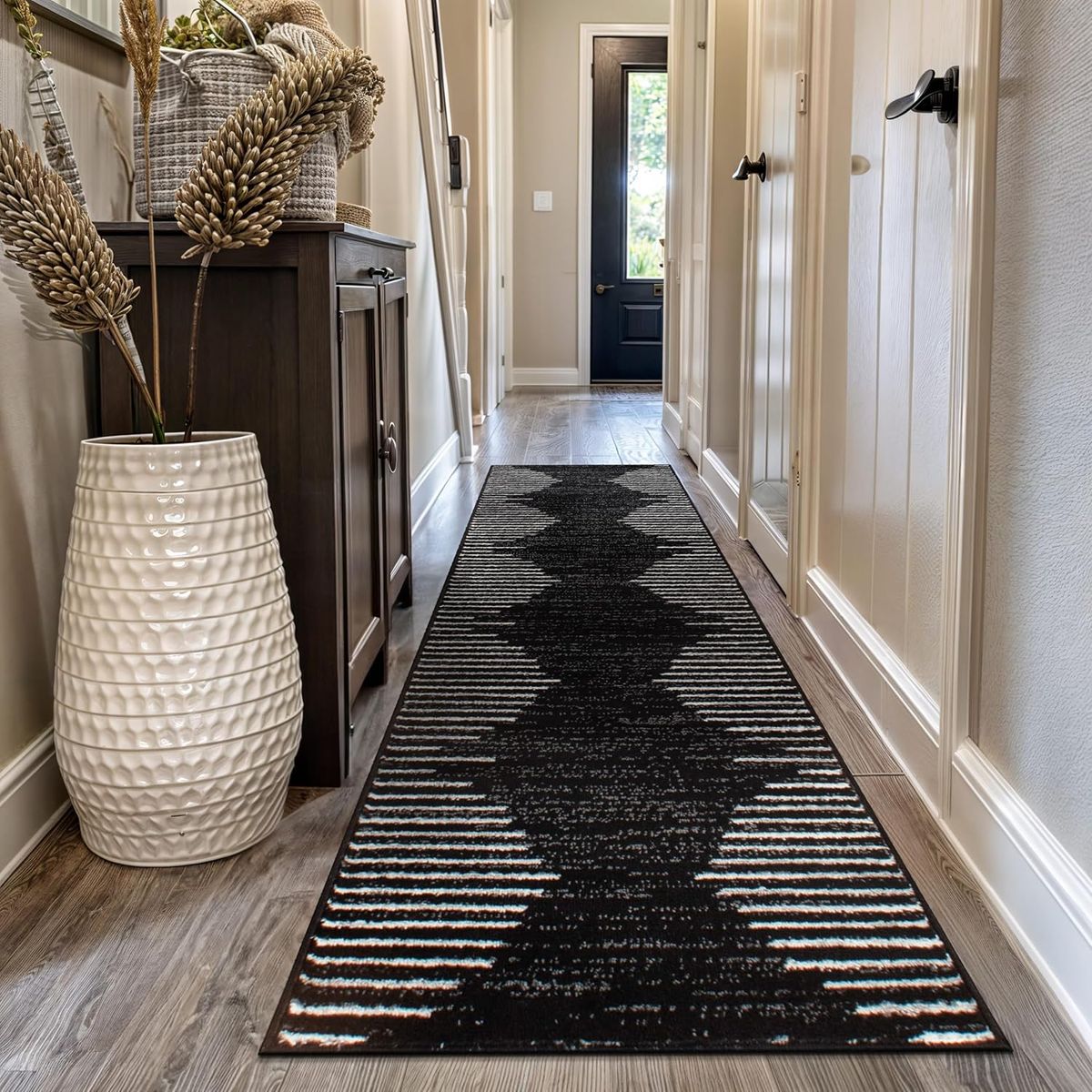 BRAND NEW Bohemian Stripe Stain Resistant High Traffic Runner Rug 2'7" x 10' Black