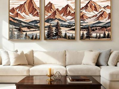 Large Mountain Framed Canvas Wall Art 16x24 Inch Abstract Mountain Landscape Wall Decor Set of 3
