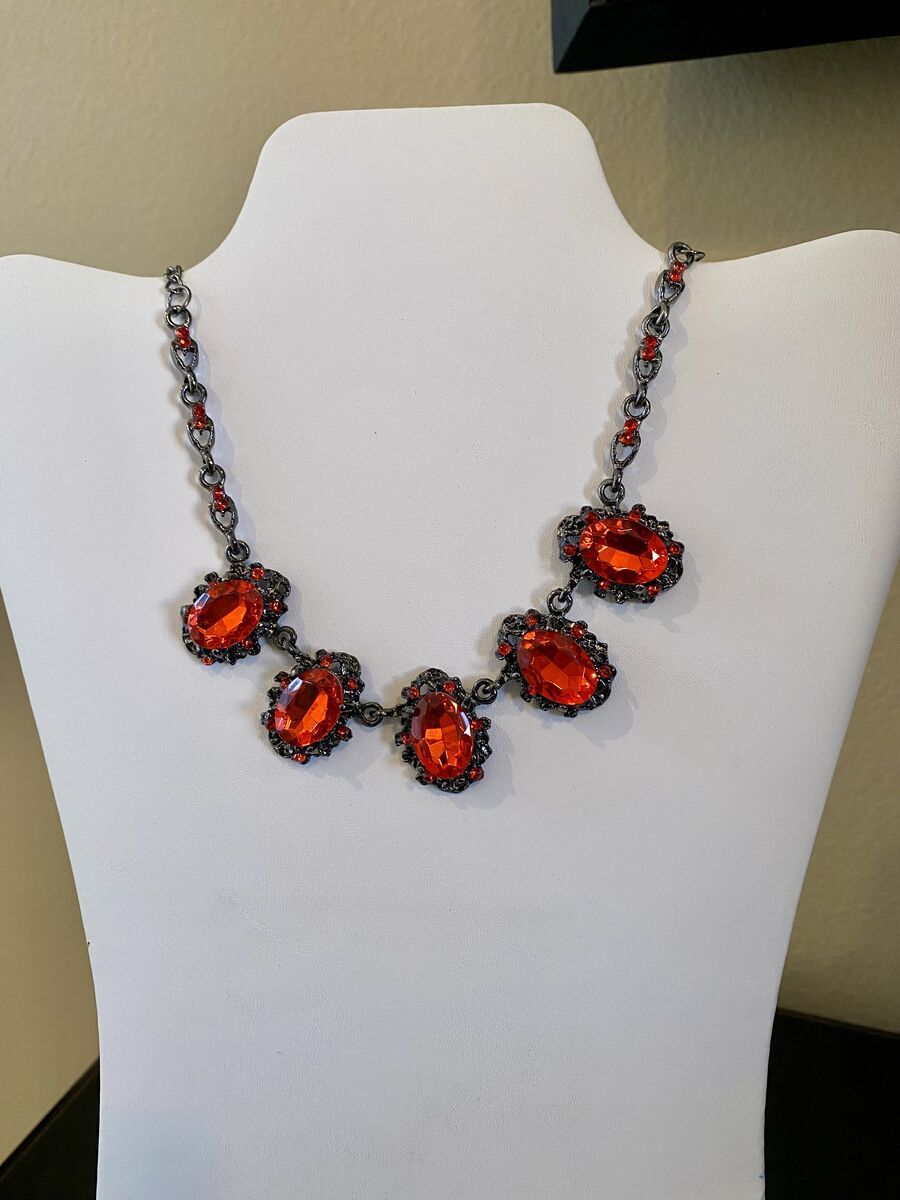 NEW - Mulitfaceted Gorgeous Red Gems Surrounds With Red Crystals Collar Length Statement Necklace- C PIX.