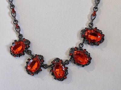 NEW - Mulitfaceted Gorgeous Red Gems Surrounds With Red Crystals Collar Length Statement Necklace- C PIX.