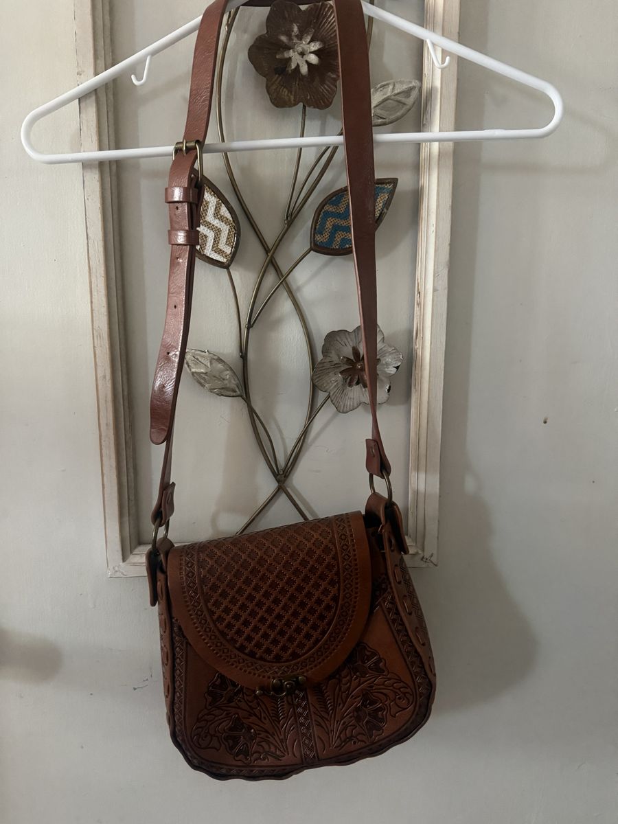 Alma Mia Brown Tooled Leather Crossbody Bag with Adjustable Strap