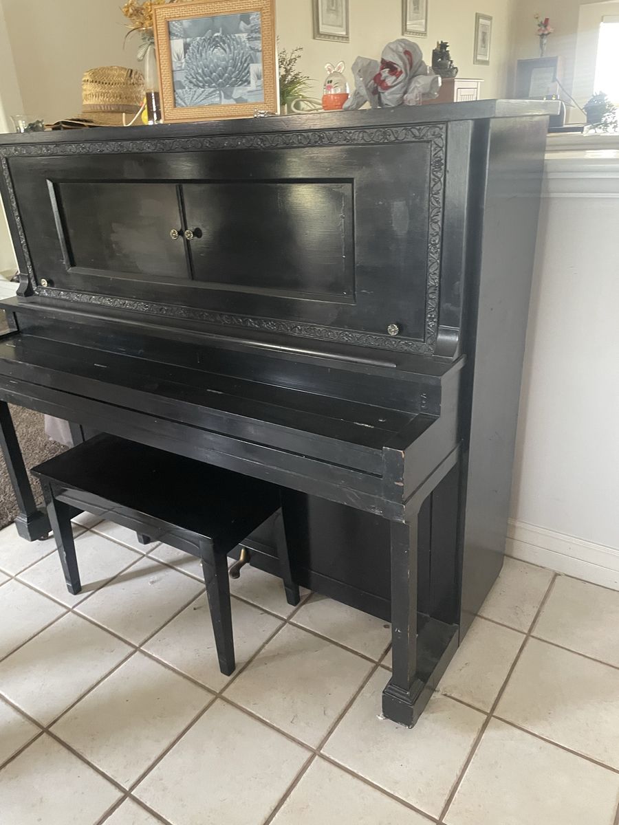 Vintage Black Upright Piano with Bench - Ornate Detailing - Functional Musical Instrument