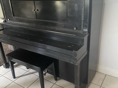 Vintage Black Upright Piano with Bench - Ornate Detailing - Functional Musical Instrument