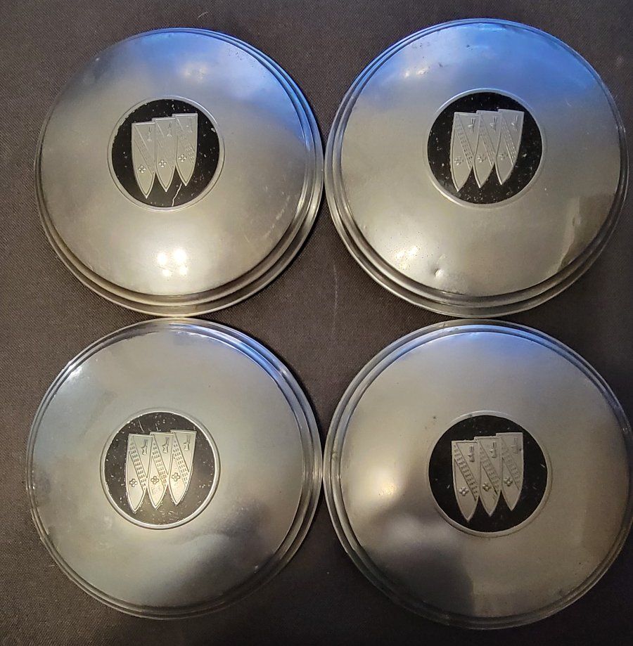 Vintage OEM 1960s Buick Tri Shield Dog Dish Hubcaps 9 3/4" Back Lip - Set of 4