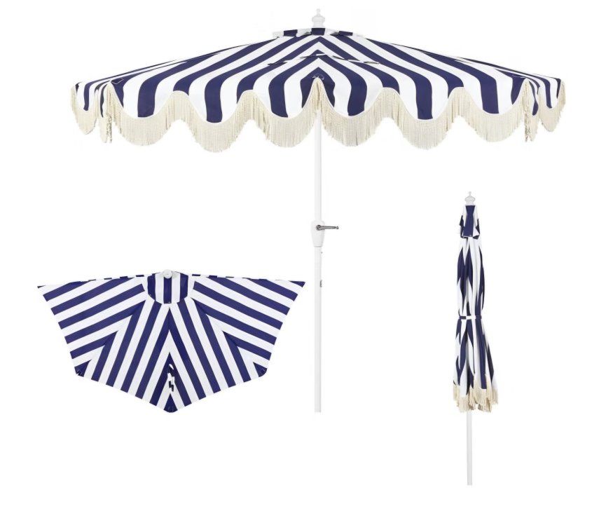 JONATHAN Y Beverly 9 ft. Coastal Navy and White Striped Half Patio Umbrella with Scalloped Fringe, Crank Lift, and Manual Tilt f
