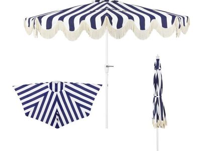 JONATHAN Y Beverly 9 ft. Coastal Navy and White Striped Half Patio Umbrella with Scalloped Fringe, Crank Lift, and Manual Tilt f