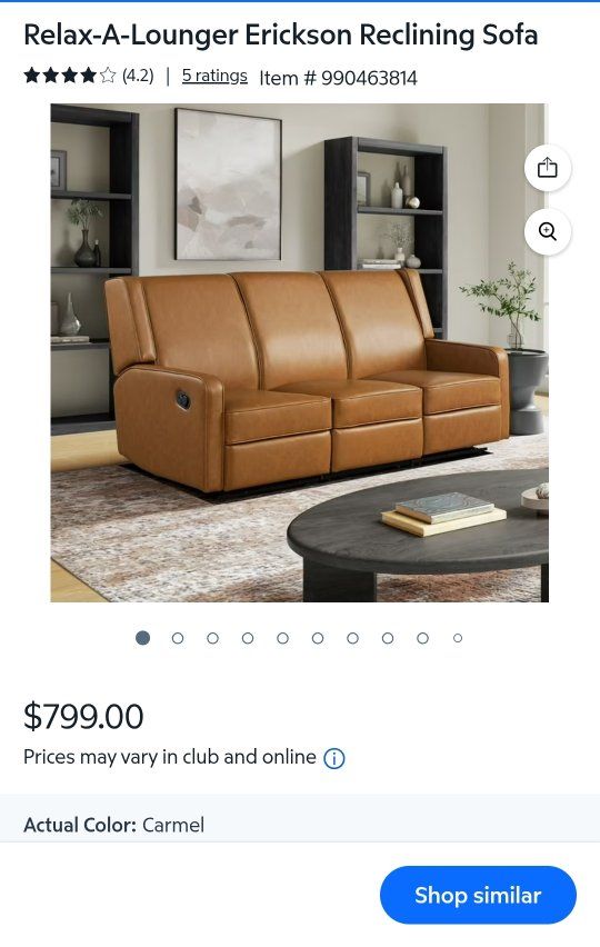 Relaxlounger Emerson Sofa, Carmel Faux Leather, New in Box, 3-Piece Sectional Set
