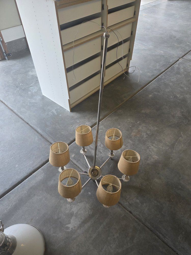Vintage Mid-Century Modern 6-Light Chandelier with Burlap Shades - Brushed Nickel Finish