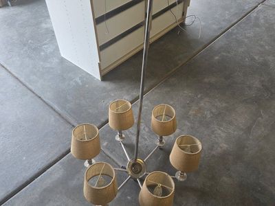 Vintage Mid-Century Modern 6-Light Chandelier with Burlap Shades - Brushed Nickel Finish