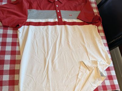 TravisMathew Men's XL Red/White Striped Polo Shirt - Made in Peru, Excellent Condition